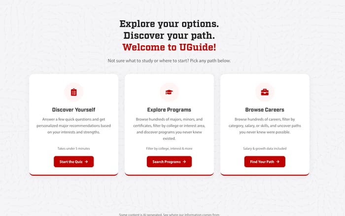 UGuide homepage with three paths: Discover Yourself, Explore Programs and Browse Careers